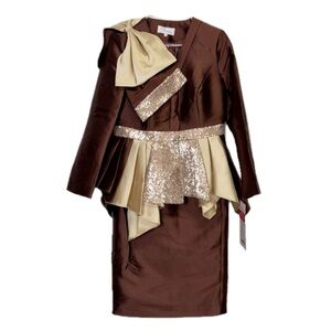 EY Boutique Dress Womens 8 Brown Multi Long Sleeve Sequin Peplum Suit